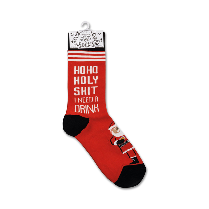 A pair of red socks with the text 