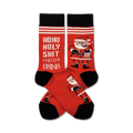 Crew socks in red, white, and black.  Feature a funny Santa illustration and the text 'HoHo Holy Shit I Need A Drink'.