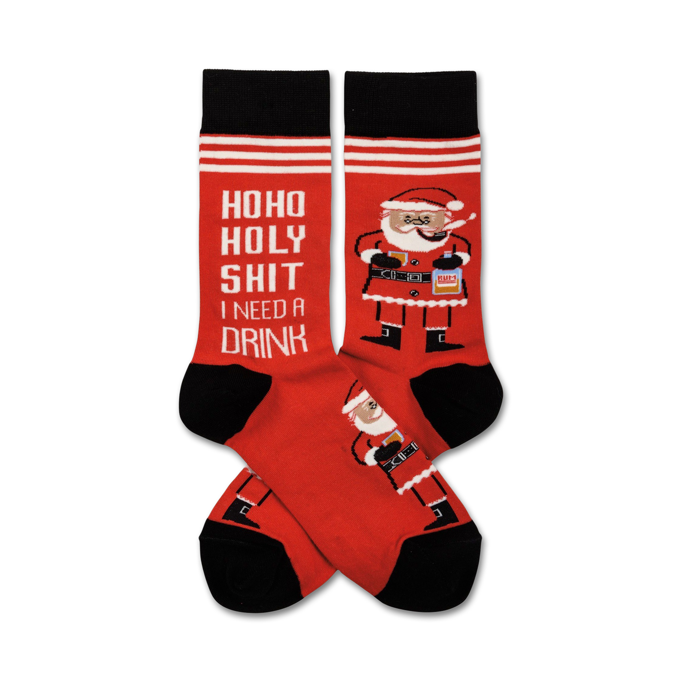 Crew socks in red, white, and black.  Feature a funny Santa illustration and the text 'HoHo Holy Shit I Need A Drink'.