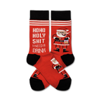 Crew socks in red, white, and black.  Feature a funny Santa illustration and the text 'HoHo Holy Shit I Need A Drink'.