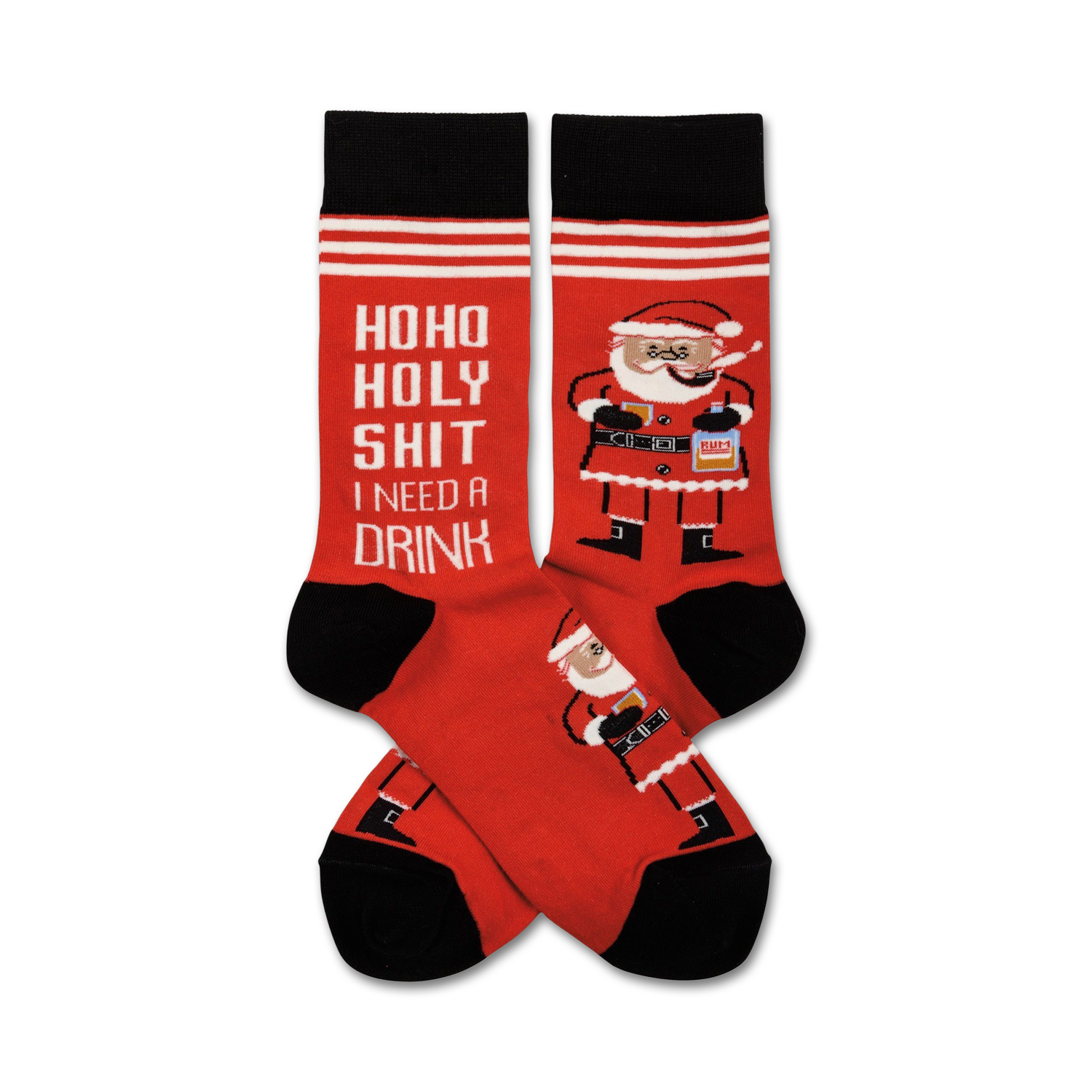 Crew socks in red, white, and black.  Feature a funny Santa illustration and the text 'HoHo Holy Shit I Need A Drink'.