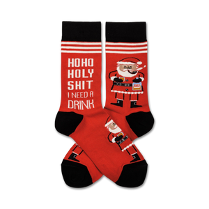 red and black crew length socks with image of santa claus holding a pipe and rum bottle. text on socks: 