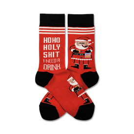 red and black crew length socks with image of santa claus holding a pipe and rum bottle. text on socks: "ho ho holy shit i need a drink". christmas theme.  