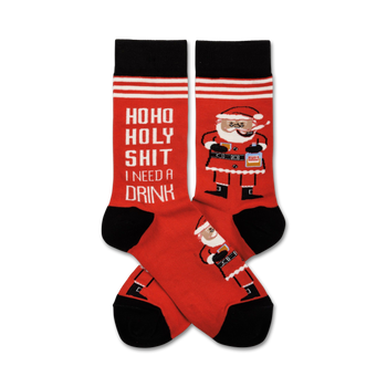 red and black crew length socks with image of santa claus holding a pipe and rum bottle. text on socks: "ho ho holy shit i need a drink". christmas theme.  