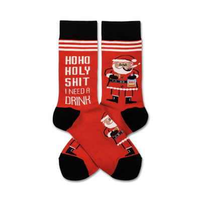 red and black crew length socks with image of santa claus holding a pipe and rum bottle. text on socks: "ho ho holy shit i need a drink". christmas theme.  