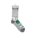 A pair of grey crew socks with a sarcastic design hangs on a store display tag. The visible text says "Your Team Sucks" and other phrases.