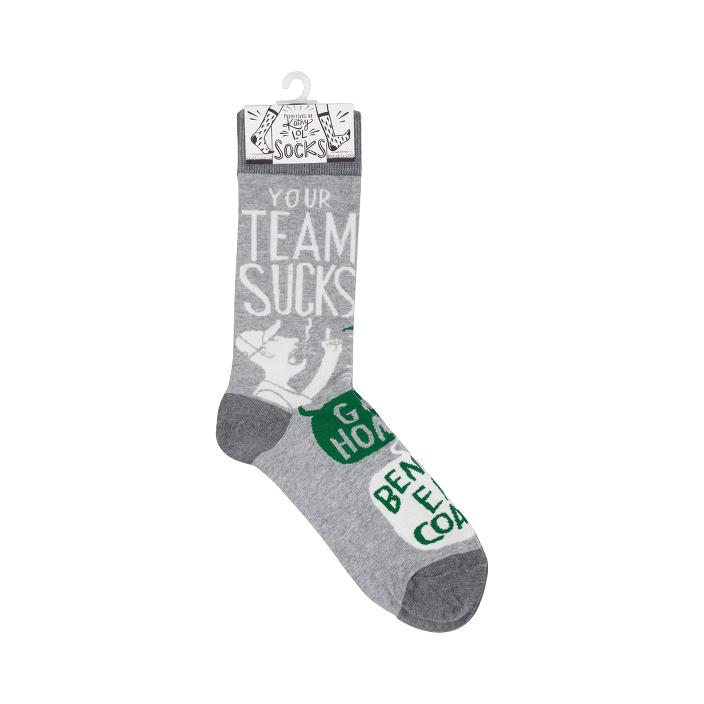 A pair of grey crew socks with a sarcastic design hangs on a store display tag. The visible text says "Your Team Sucks" and other phrases.