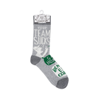 A pair of grey crew socks with a sarcastic design hangs on a store display tag. The visible text says "Your Team Sucks" and other phrases.