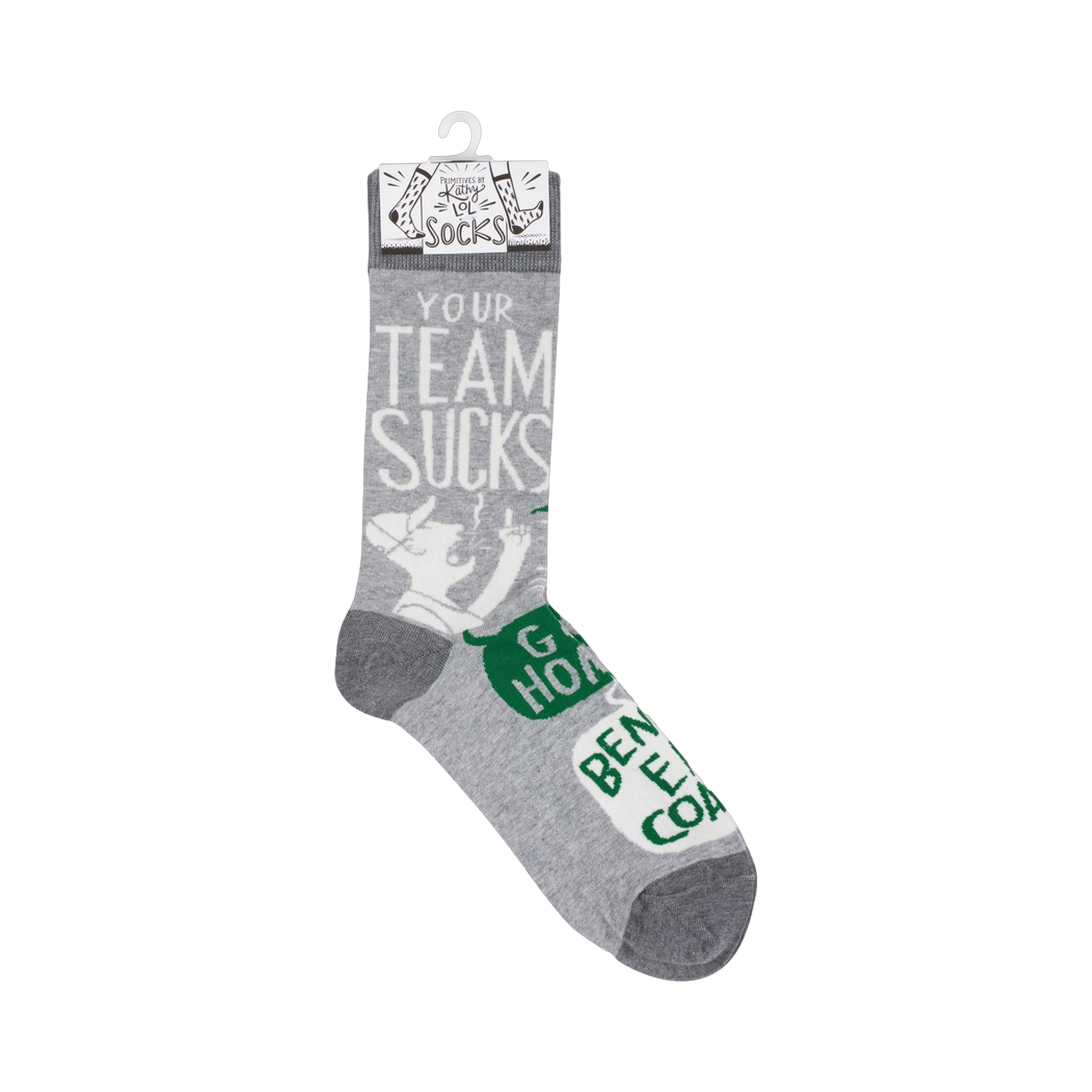 A pair of grey crew socks with a sarcastic design hangs on a store display tag. The visible text says "Your Team Sucks" and other phrases.