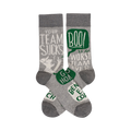 Crew socks in grey with a white and green design. The socks feature phrases like "Your Team Sucks" and a cartoon character.