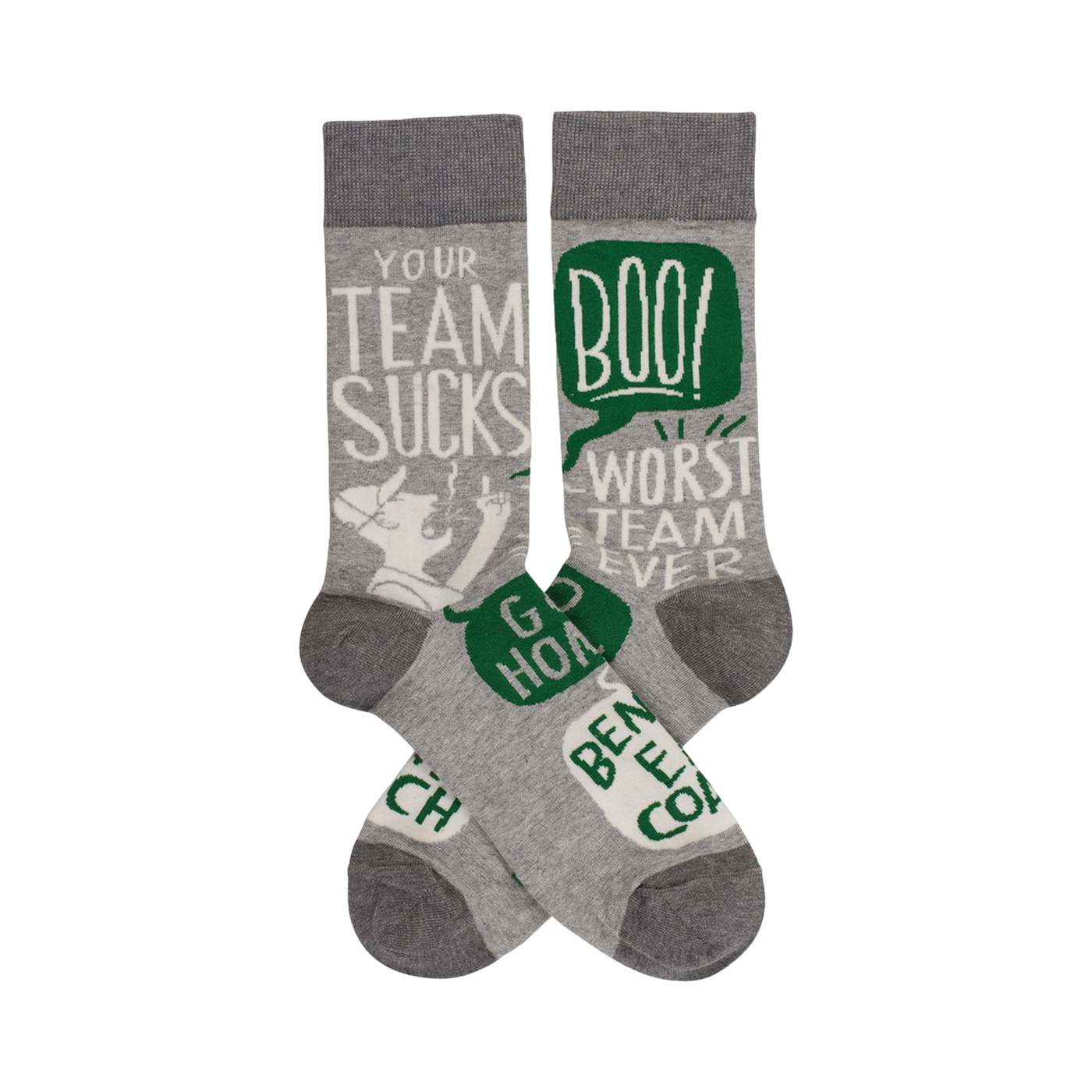 Crew socks in grey with a white and green design. The socks feature phrases like "Your Team Sucks" and a cartoon character.