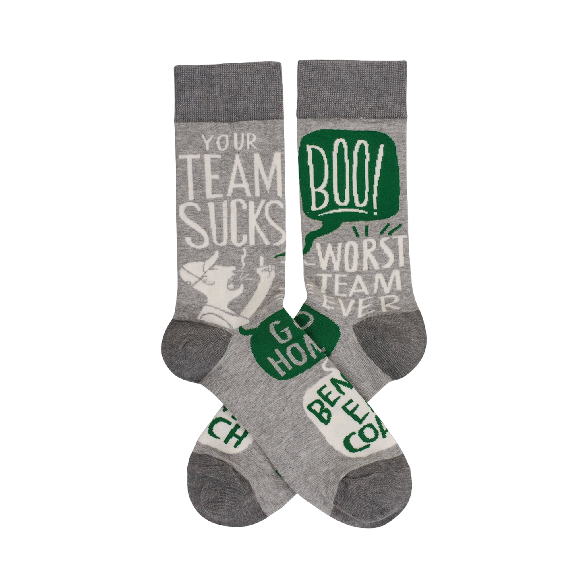 Crew socks in grey with a white and green design. The socks feature phrases like "Your Team Sucks" and a cartoon character.