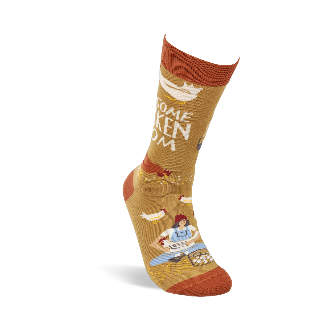 Single mustard yellow crew sock shown standing, with a woman gathering eggs and chickens visible on the design.