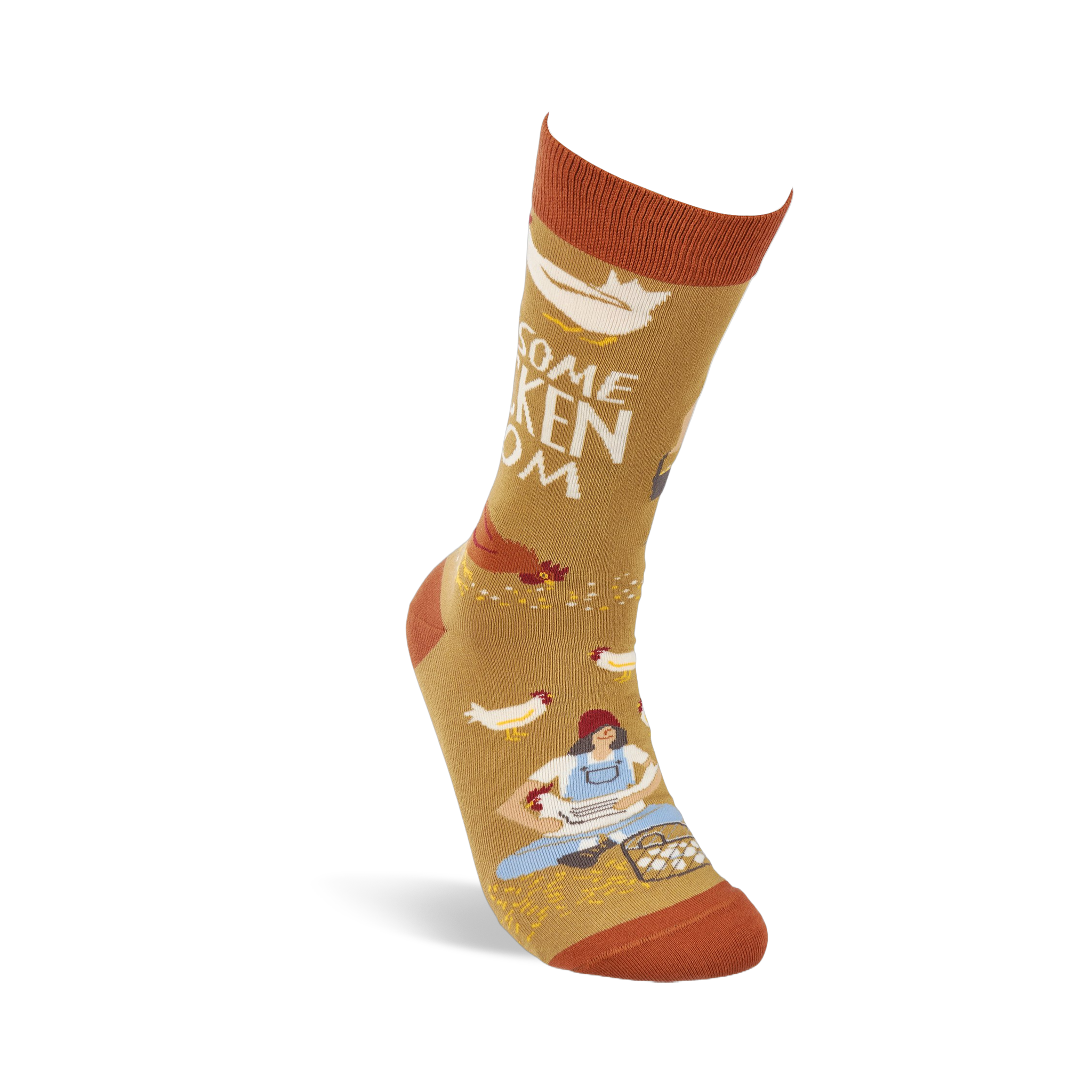 Single mustard yellow crew sock shown standing, with a woman gathering eggs and chickens visible on the design.