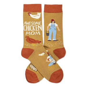Pair of mustard yellow crew socks crossed, featuring a woman, chickens, eggs, and 