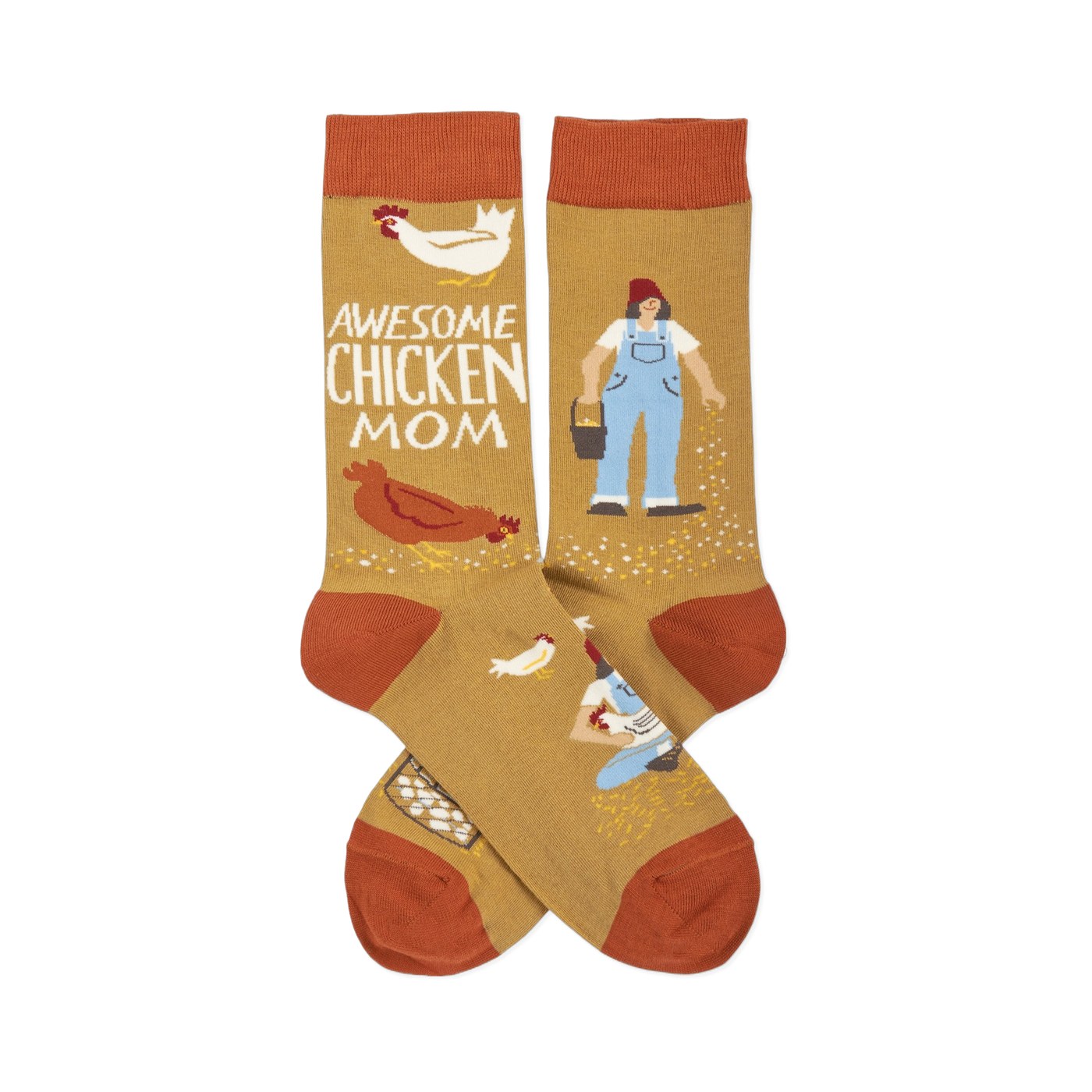 Pair of mustard yellow crew socks crossed, featuring a woman, chickens, eggs, and "Awesome Chicken Mom" text.