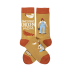 Pair of mustard yellow crew socks crossed, featuring a woman, chickens, eggs, and "Awesome Chicken Mom" text.