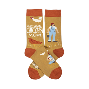 Pair of mustard yellow crew socks crossed, featuring a woman, chickens, eggs, and 