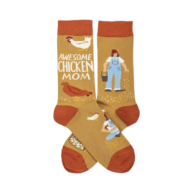 Pair of mustard yellow crew socks crossed, featuring a woman, chickens, eggs, and "Awesome Chicken Mom" text.