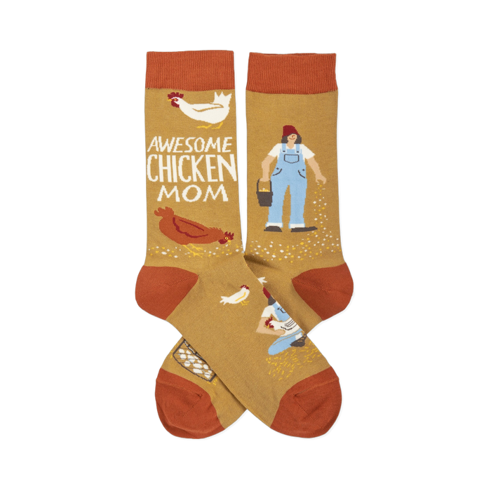 Pair of mustard yellow crew socks crossed, featuring a woman, chickens, eggs, and 