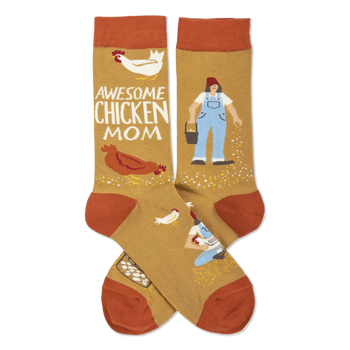 Pair of mustard yellow crew socks crossed, featuring a woman, chickens, eggs, and "Awesome Chicken Mom" text.