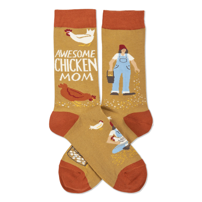 Pair of mustard yellow crew socks crossed, featuring a woman, chickens, eggs, and 
