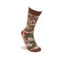 Single tan crew sock standing angled. Features a brown cuff, heel, and toe, with a woodland pattern of fox, leaves, berries, mushrooms, and "I'D RATHER BE IN NATURE" text.