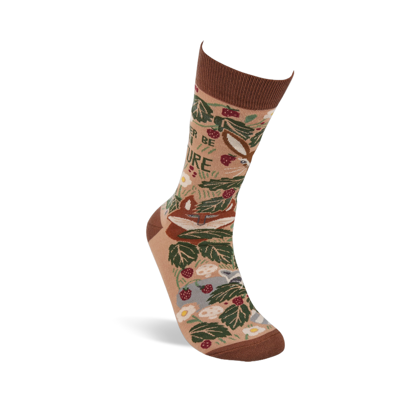 Single tan crew sock standing angled. Features a brown cuff, heel, and toe, with a woodland pattern of fox, leaves, berries, mushrooms, and "I'D RATHER BE IN NATURE" text.
