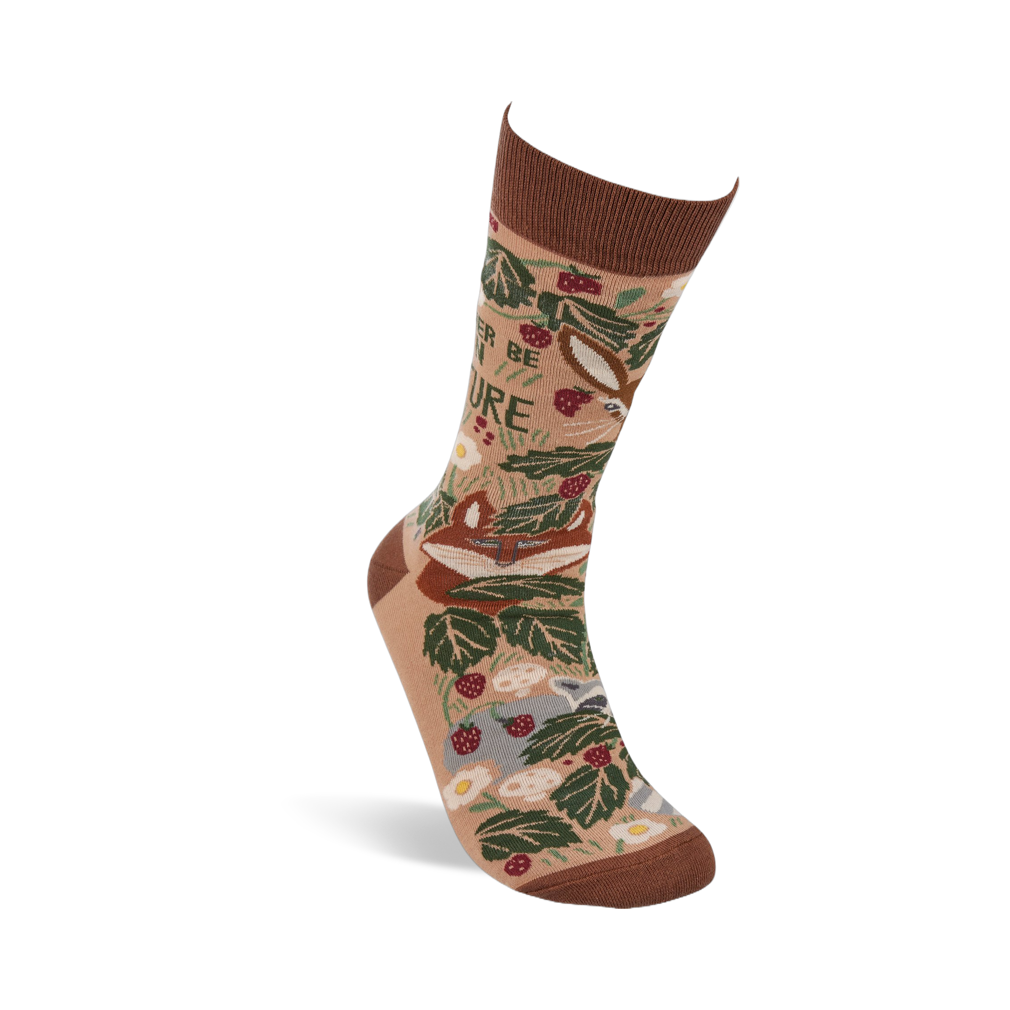 Single tan crew sock standing angled. Features a brown cuff, heel, and toe, with a woodland pattern of fox, leaves, berries, mushrooms, and "I'D RATHER BE IN NATURE" text.