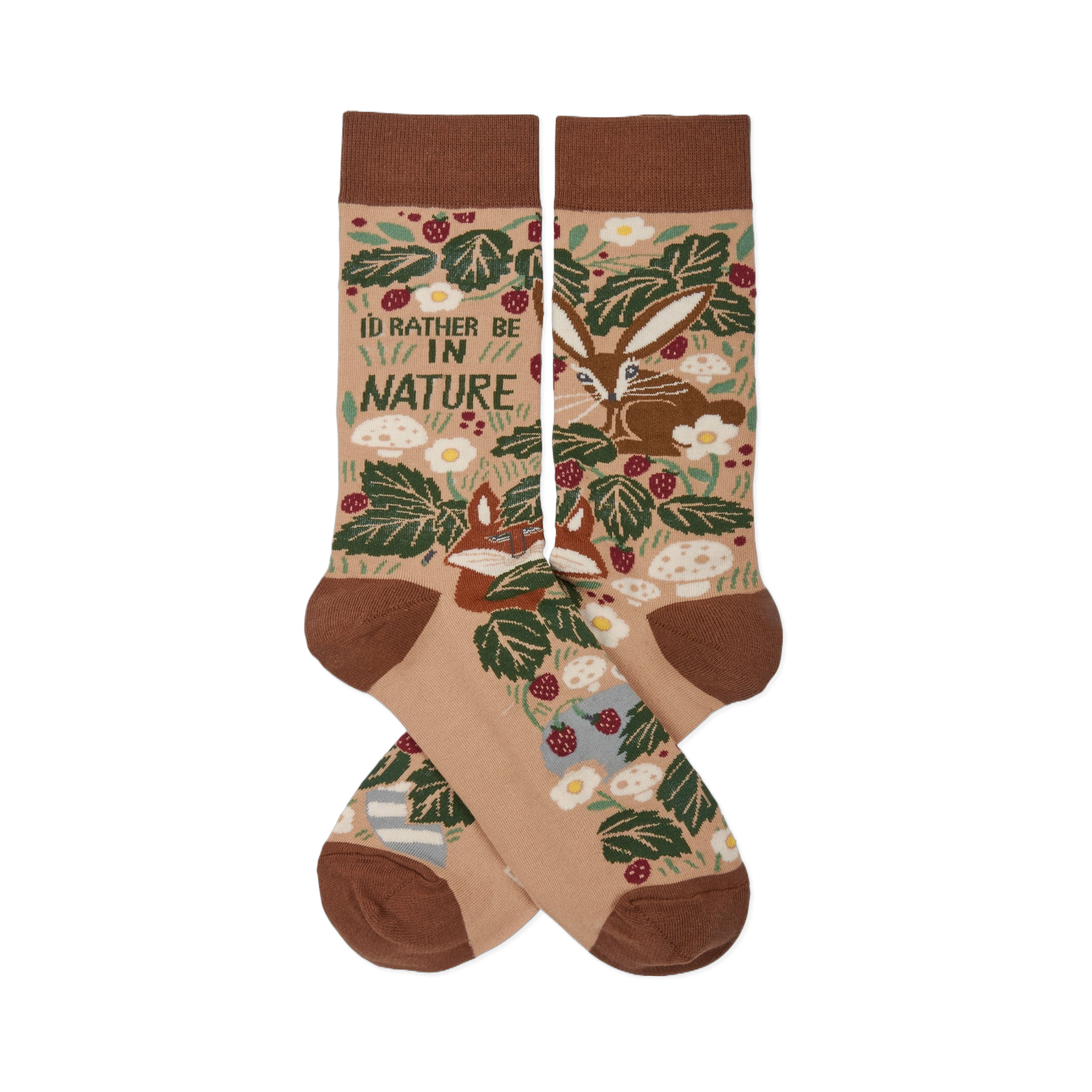 Two tan nature-themed crew socks crossed, showing a fox, rabbit, green leaves, red berries, mushrooms, and "I'D RATHER BE IN NATURE" text.