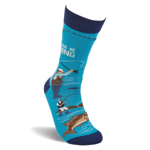 Single aqua blue fishing-themed sock, shown upright, with fishermen, a jumping fish, and text on its side.