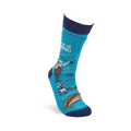 Single aqua blue fishing-themed sock, shown upright, with fishermen, a jumping fish, and text on its side.