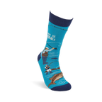 Single aqua blue fishing-themed sock, shown upright, with fishermen, a jumping fish, and text on its side.