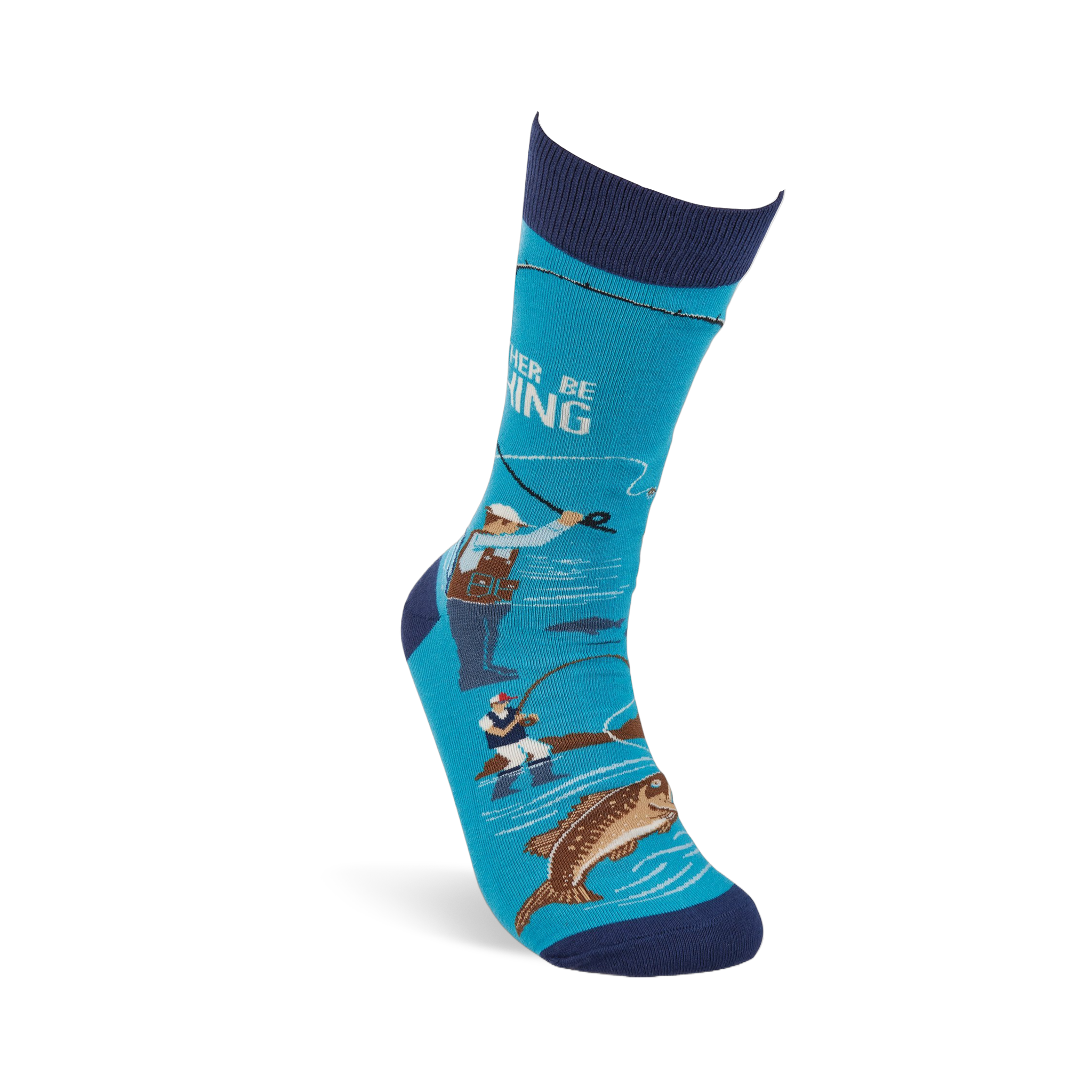 Single aqua blue fishing-themed sock, shown upright, with fishermen, a jumping fish, and text on its side.