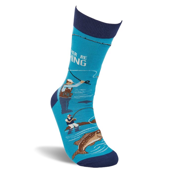 Single aqua blue fishing-themed sock, shown upright, with fishermen, a jumping fish, and text on its side.
