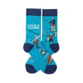 Pair of crew socks in aqua blue with navy cuffs, heels, and toes. Design shows fishermen, jumping fish, and 'I'd Rather Be Fishing' text.