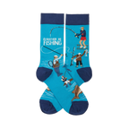 Pair of crew socks in aqua blue with navy cuffs, heels, and toes. Design shows fishermen, jumping fish, and 'I'd Rather Be Fishing' text.