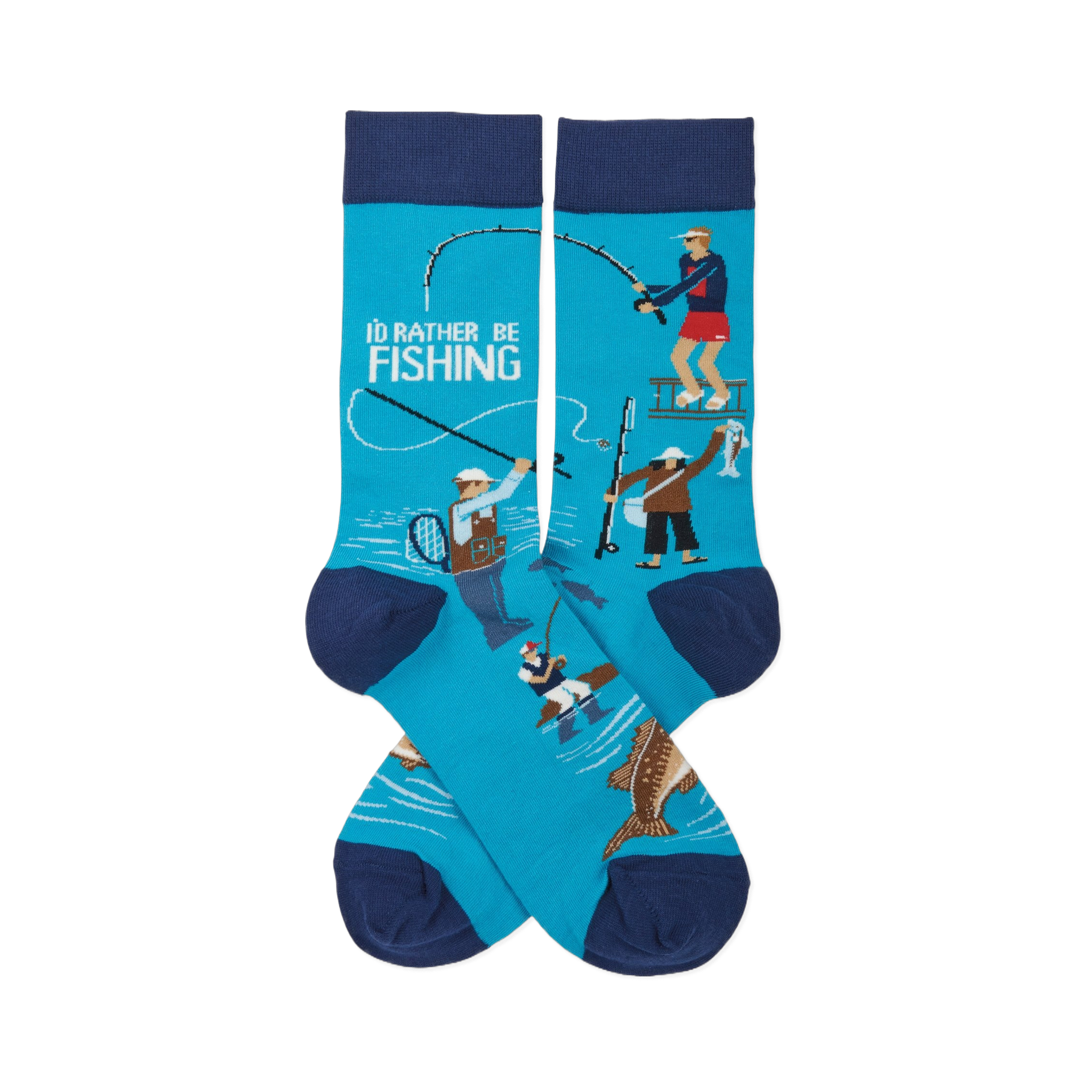 Pair of crew socks in aqua blue with navy cuffs, heels, and toes. Design shows fishermen, jumping fish, and 'I'd Rather Be Fishing' text.