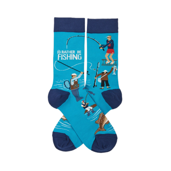 Pair of crew socks in aqua blue with navy cuffs, heels, and toes. Design shows fishermen, jumping fish, and 'I'd Rather Be Fishing' text.