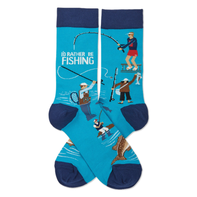 Pair of crew socks in aqua blue with navy cuffs, heels, and toes. Design shows fishermen, jumping fish, and 'I'd Rather Be Fishing' text.