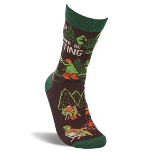 Single 'I'd Rather Be Hunting' crew sock standing upright, showing a hunter, deer, and trees on a brown background.