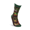 Single 'I'd Rather Be Hunting' crew sock standing upright, showing a hunter, deer, and trees on a brown background.