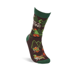 Single 'I'd Rather Be Hunting' crew sock standing upright, showing a hunter, deer, and trees on a brown background.