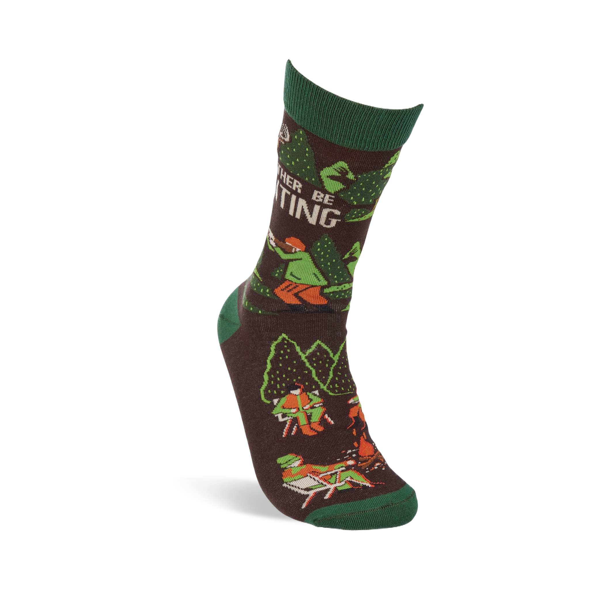 Single 'I'd Rather Be Hunting' crew sock standing upright, showing a hunter, deer, and trees on a brown background.