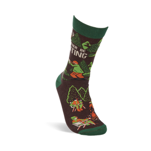 Single 'I'd Rather Be Hunting' crew sock standing upright, showing a hunter, deer, and trees on a brown background.