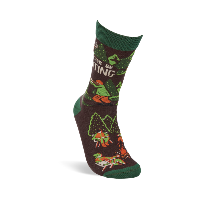 Single 'I'd Rather Be Hunting' crew sock standing upright, showing a hunter, deer, and trees on a brown background.