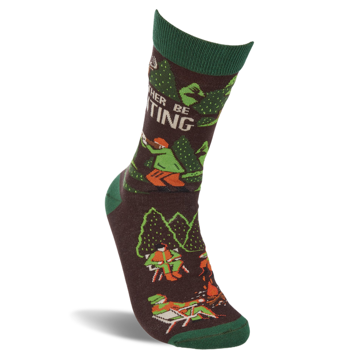 Single 'I'd Rather Be Hunting' crew sock standing upright, showing a hunter, deer, and trees on a brown background.