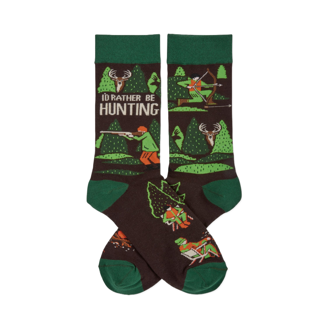 Pair of dark brown crew socks with green cuffs, heels, and toes. Pattern includes trees, deer, and hunters with rifles and bows. Text reads 'I'D RATHER BE HUNTING'.