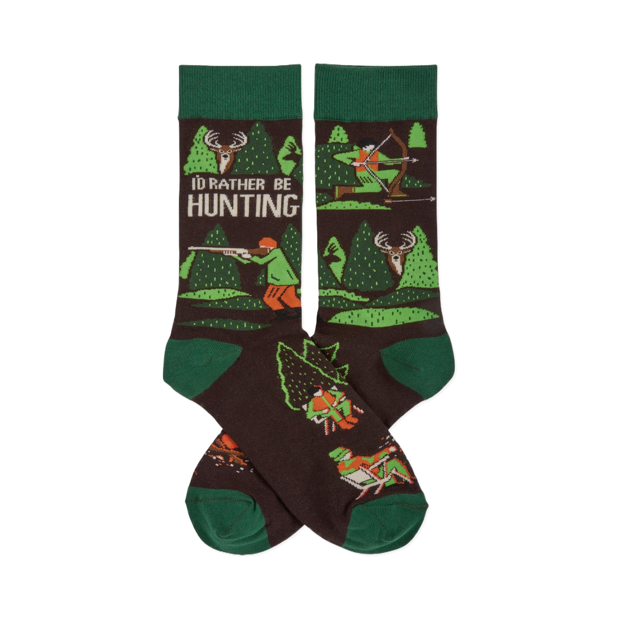 Pair of dark brown crew socks with green cuffs, heels, and toes. Pattern includes trees, deer, and hunters with rifles and bows. Text reads 'I'D RATHER BE HUNTING'.