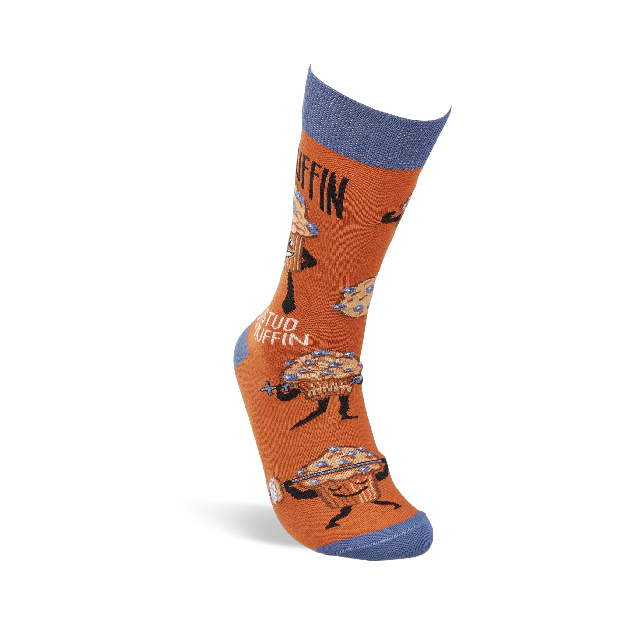 Single orange crew sock standing upright, with blue cuff, heel, and toe, showing "Studmuffin" text and cartoon muffins.